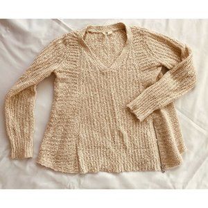 MOTH Anthropologie Sweater Size Small Cream Popcorn Knit V Neck Side Zip